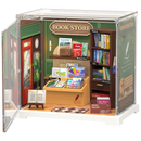 Productfoto van de Robotime Memory Book Store, kunststof miniatuur boekwinkeltje in een kleine display case