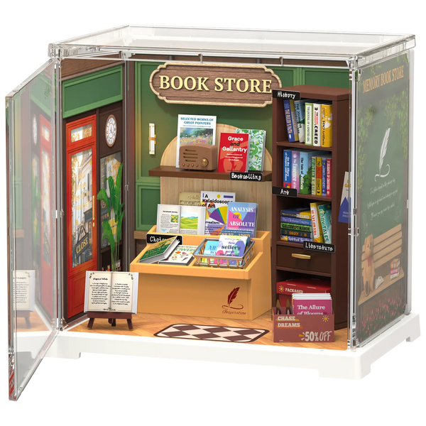 Productfoto van de Robotime Memory Book Store, kunststof miniatuur boekwinkeltje in een kleine display case