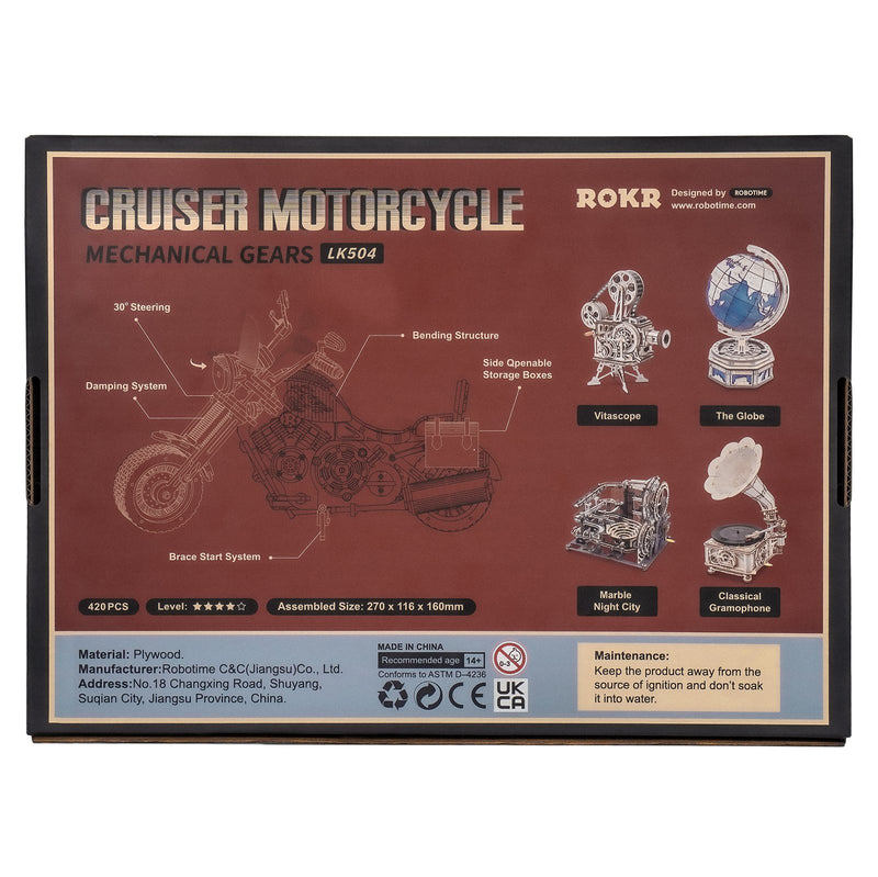 Achterkant verpakking van de Robotime Motor, houten modelbouw van een rijdende motor