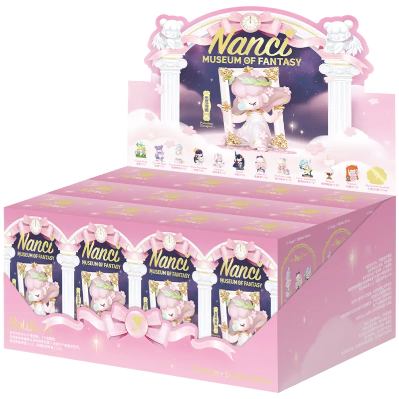 Een display met twaalf verpakkingen uit de Robotime Nanci Museum of Fantasy blind box serie