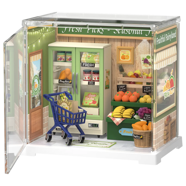 Productfoto van de Robotime Nature Energy Fruits, kunststof miniatuur fruitwinkeltje in een kleine display case