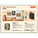 Achterkant verpakking van de Robotime Old Time Bookstore, diorama in een lijst van een ouderwets boekenwinkeltje