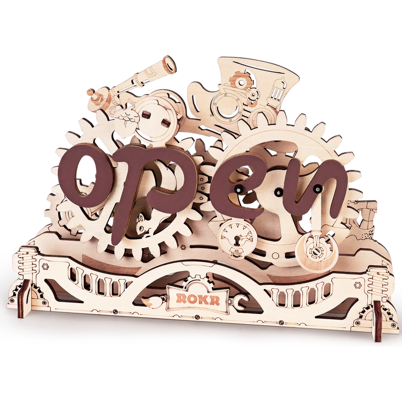 Productfoto van het Robotime Open Closed Sign, houten bouwpakket van een transformerend bordje