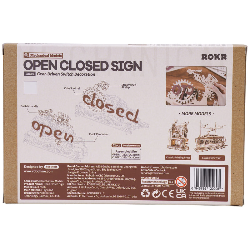 Achterkant verpakking van het Robotime Open Closed Sign, houten bouwpakket van een transformerend bordje