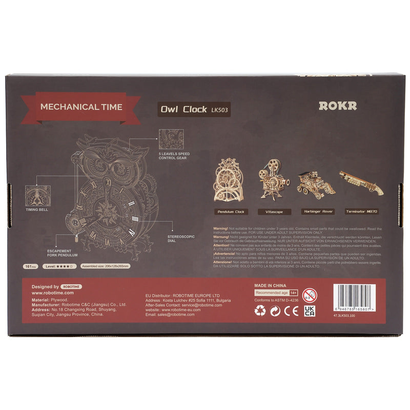 Achterkant verpakking van de Robotime Owl Clock, houten modelbouw van een mechanische staande klok
