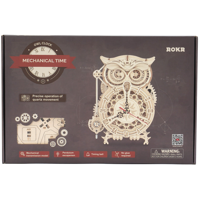 Voorkant verpakking van de Robotime Owl Clock, houten modelbouw van een mechanische staande klok
