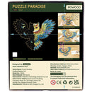 Achterkant verpakking van Robotime kleurrijke houten legpuzzel uil