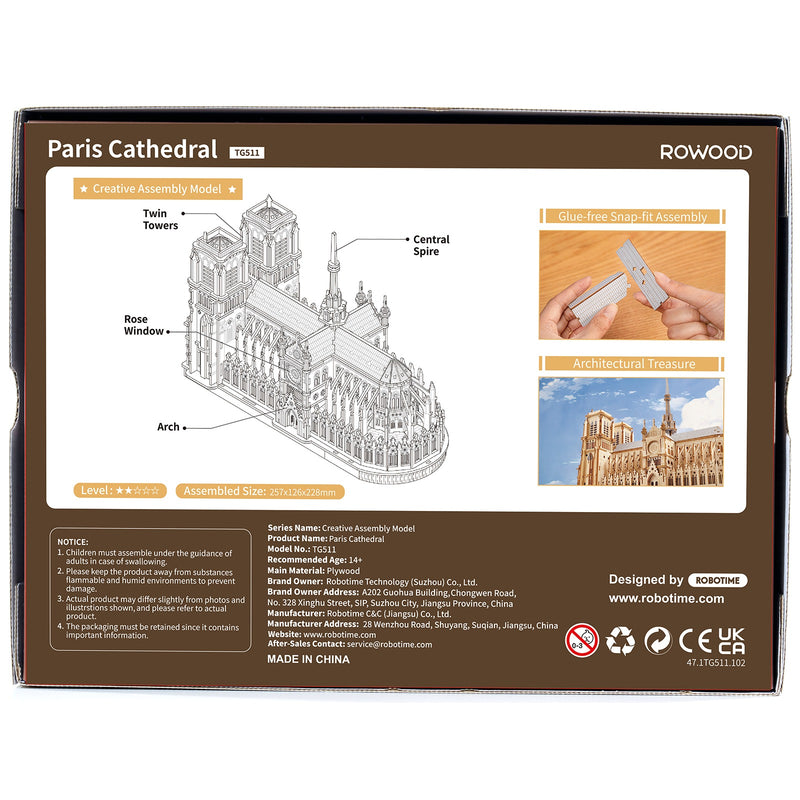 Achterkant verpakking van de Robotime Paris Cathedral, houten modelbouw van de Notre-Dame in Parijs
