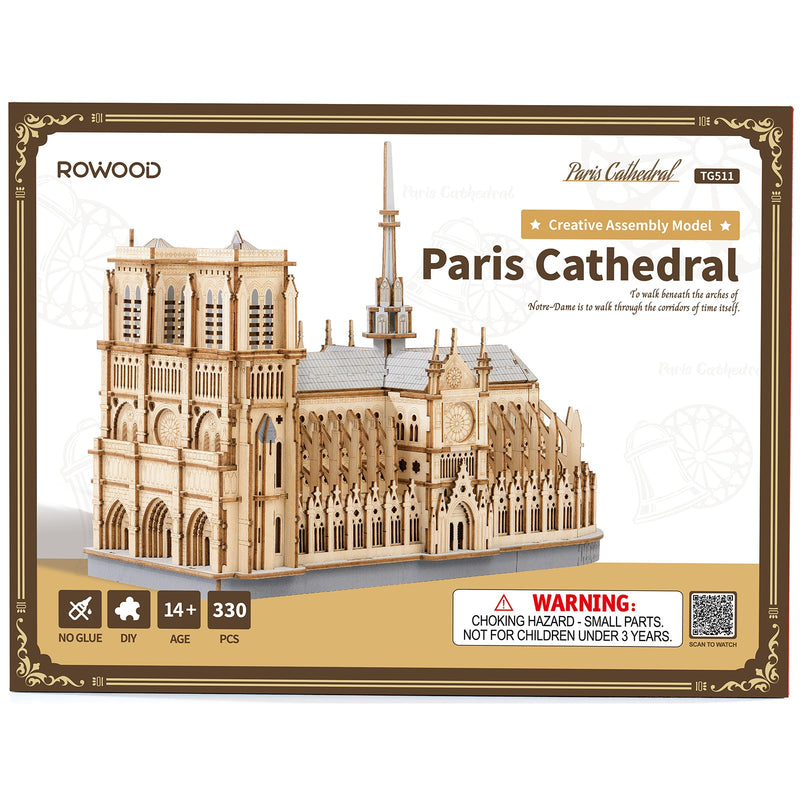 Voorkant verpakking van de Robotime Paris Cathedral, houten modelbouw van de Notre-Dame in Parijs