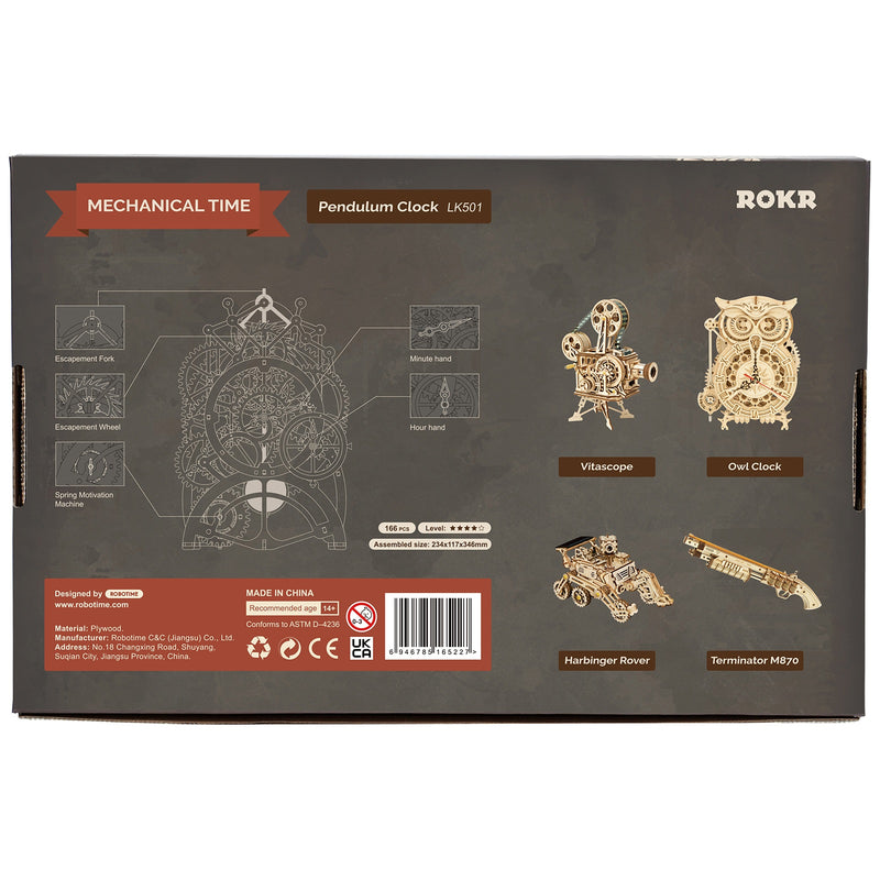 Achterkant verpakking van de Robotime Pendulum Clock, houten modelbouw van een mechanische klok