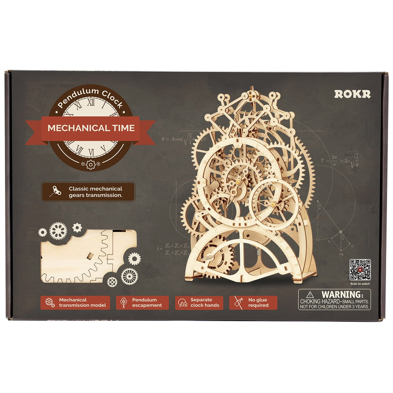 Voorkant verpakking van de Robotime Pendulum Clock, houten modelbouw van een mechanische klok