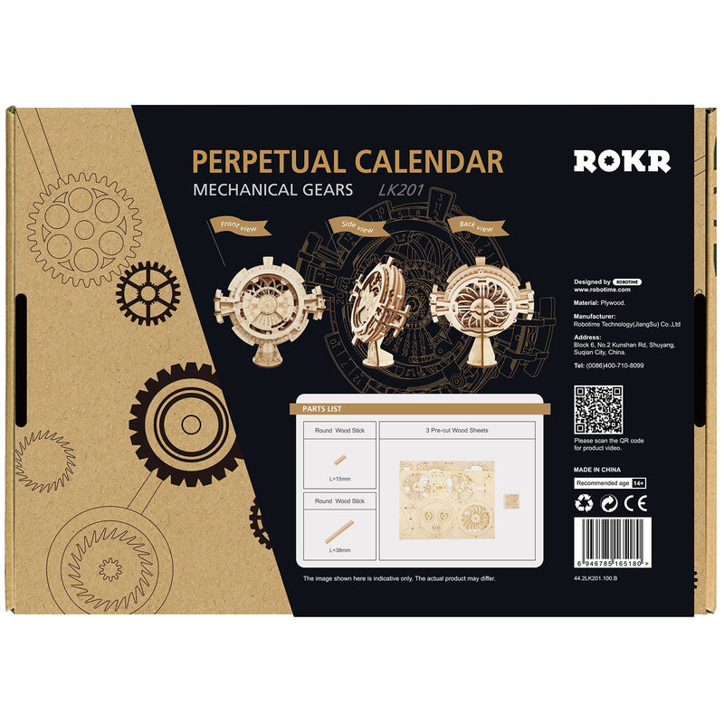 Achterkant verpakking van de Robotime Perpetual Calendar, houten modelbouw van een eeuwige kalender