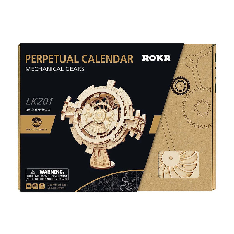 Voorkant verpakking van de Robotime Perpetual Calendar, houten modelbouw van een eeuwige kalender