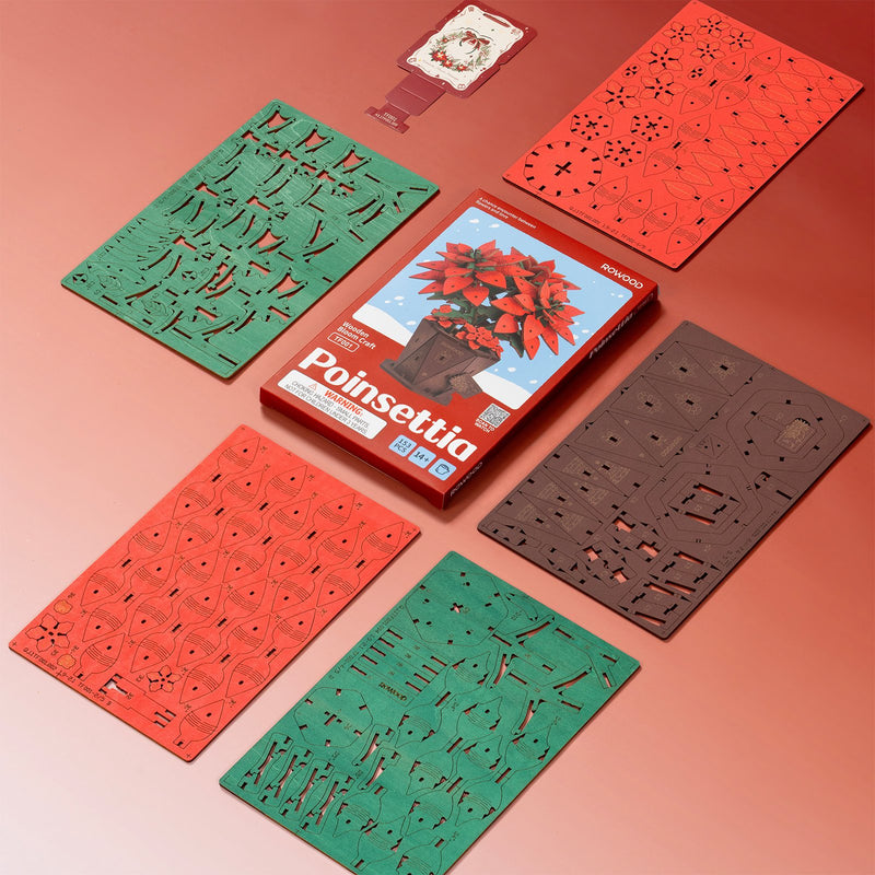 Inhoud verpakking van de Robotime Poinsettia, houten bouwpakket van een kerstbloem