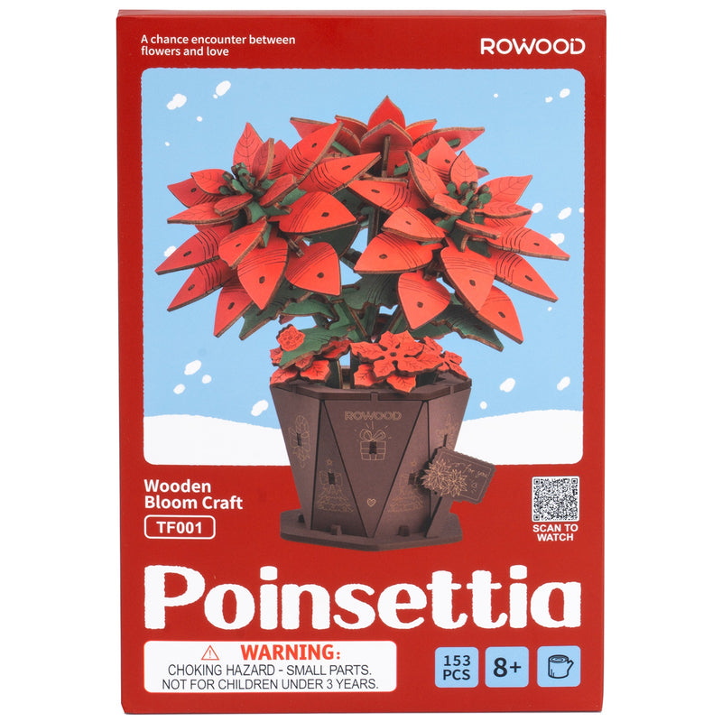 Voorkant verpakking van de Robotime Poinsettia, houten bouwpakket van een kerstbloem