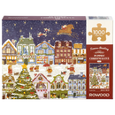 Voorkant verpakking van de Robotime Puppies' Christmas Eve, 1.000 stukjes legpuzzel van een sfeervol kersttafereel met antropomorfe honden