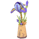 Productfoto van de Robotime Purple Iris, houten bouwpakket van een paarse iris in een kartonnen vaasje