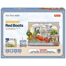 Voorkant verpakking van de Robotime Red Boats, houten bouwset van een diorama met twee rode zeilbootjes gelegen aan een pier