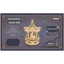 Voorkant verpakking van de Robotime Romantic Carousel, houten bouwpakket van een ronddraaiend muziekdoosje in de vorm van een ouderwetse carousel