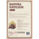 Achterkant verpakking van de Robotime Sakura Pavilion, houten bouwpakket van een Japans paviljoen met kersenbloesem aan de zijkanten van het gebouw
