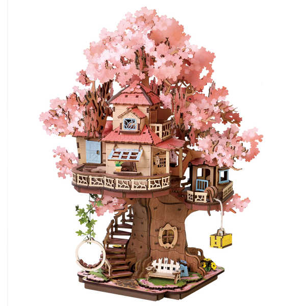 Productfoto van de Robotime Sakura Tree House, houten bouwpakket van een boomhut in een Japanse kersenbloesem boom