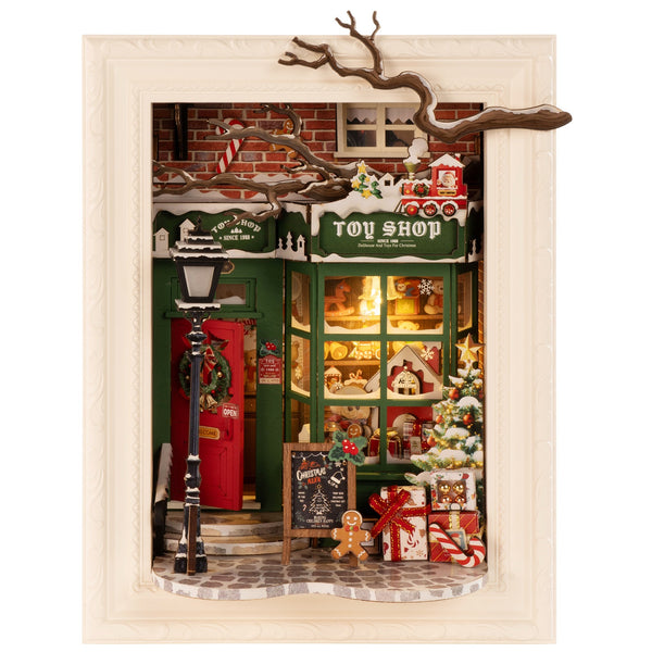 Productfoto van de Robotime Santa’s Toy Shop, diorama van een in kerstthema versierd winkeltje met lichtjes
