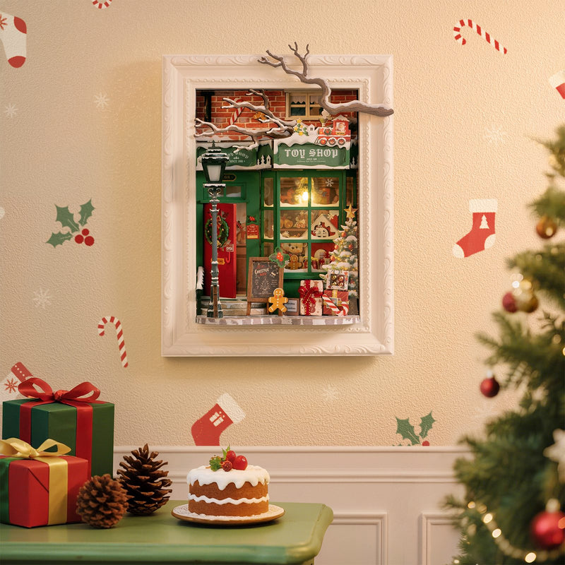 Sfeervolle presentatie van de Robotime Santa’s Toy Shop, diorama van een in kerstthema versierd winkeltje met lichtjes