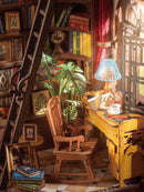 Close-up van bureau, schommelstoel en boekenkasten van de Robotime Silent Corner Study