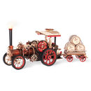 Productfoto van de Robotime Steam Engine, houten bouwpakket van een rijdend vintage stoomvoertuig met aanhanger