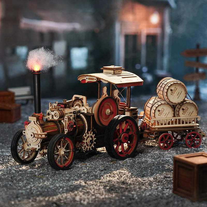 Sfeervolle presentatie van de Robotime Steam Engine, houten bouwpakket van een rijdend vintage stoomvoertuig met aanhanger 