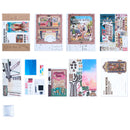 Inhoud van de verpakking van de Robotime Street Scene, book nook van een straatbeeld in perspectief met een trap in de voorgrond