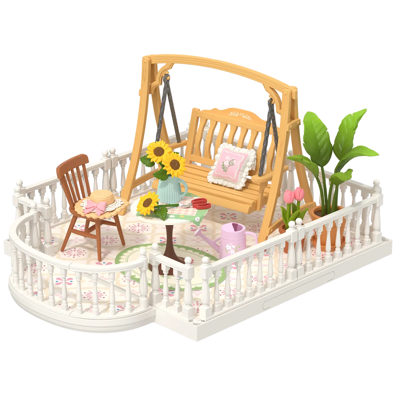 Productfoto van de Robotime Sunny Break Terrace, kunststof miniatuur dakterras met schommelbank voor de Super Creator serie
