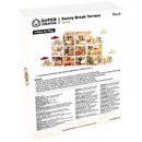 Achterkant verpakking van de Robotime Sunny Break Terrace, kunststof miniatuur dakterras met schommelbank voor de Super Creator serie