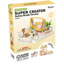 Voorkant verpakking van de Robotime Tasty Cake Shop, kunststof miniatuur dakterras met schommelbank voor de Super Creator serie