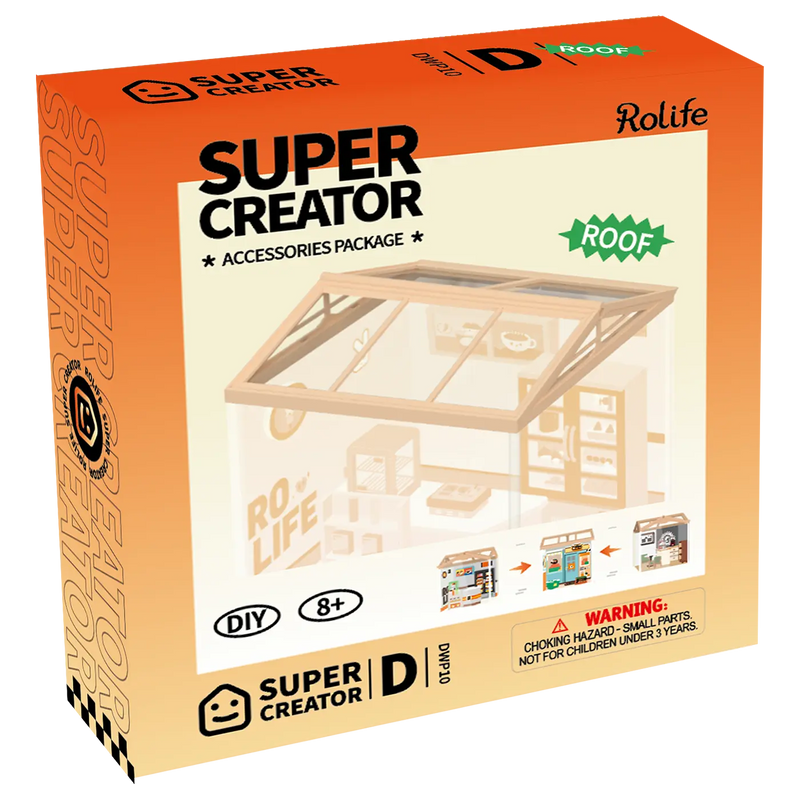 Voorkant verpakking van de Robotime Super Creator Roof (D), dakje dat geschikt is voor de kunststof huisjes en dakterassen van de Super Creator serie
