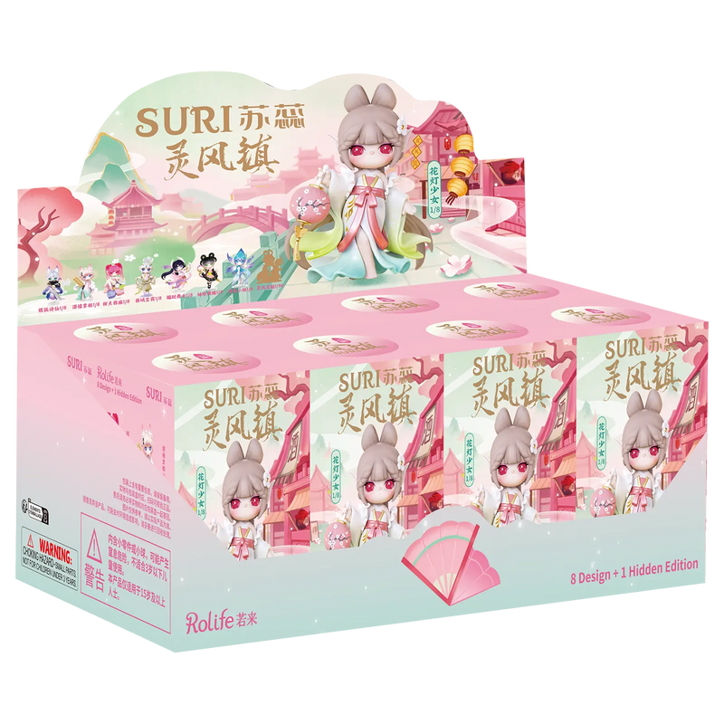 Display met acht verpakkingen van de Robotime Suri’s Lingfeng Town blind box serie