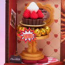 Etagère met verschillende soorten chocolade in de Robotime Sweet Chocolate Shop