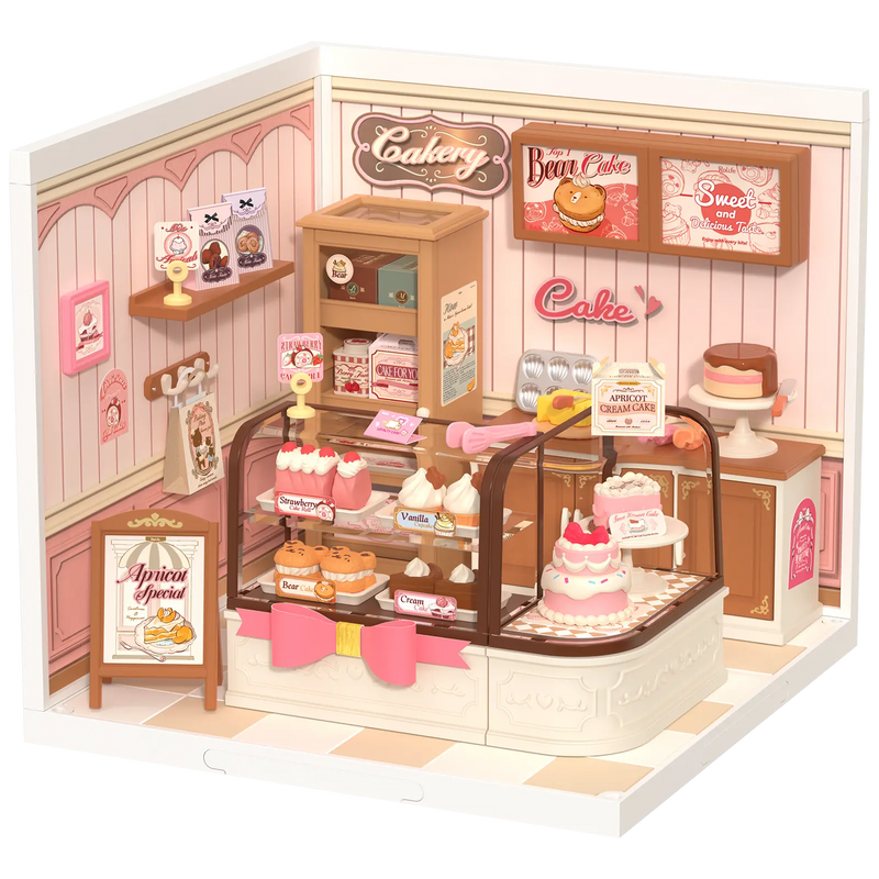 Productfoto van de Robotime Tasty Cake Shop, kunststof miniatuurhuisje van een schattig roze taartwinkeltje