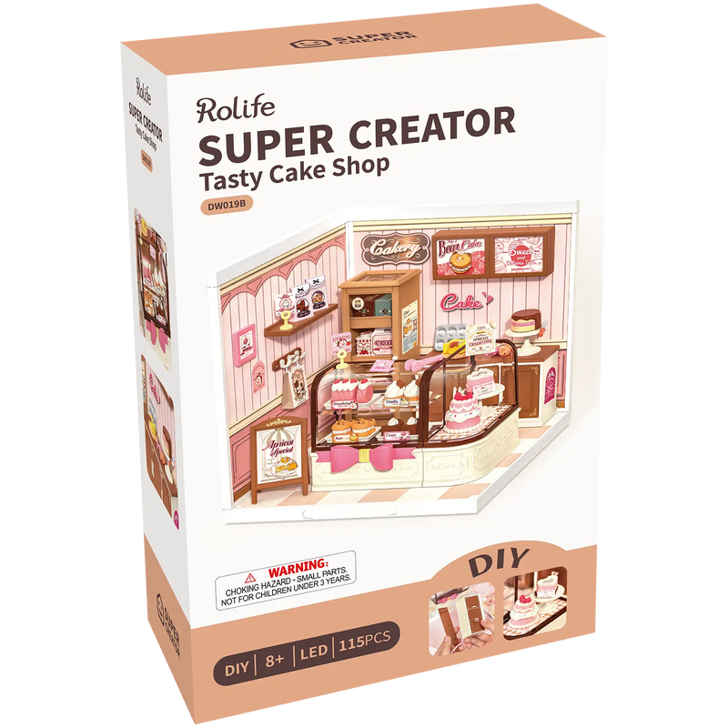 Voorkant verpakking van de Robotime Tasty Cake Shop, kunststof miniatuurhuisje van een schattig roze taartwinkeltje