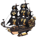 Productfoto van de Robotime Seahorse Barque, zwart houten zeilschip met gouden details