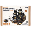 Voorkant verpakking van de Robotime Seahorse Barque, zwart houten zeilschip met gouden details