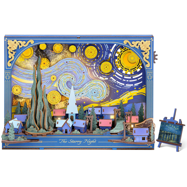 Productfoto van de Robotime The Starry Night, houten diorama bouwpakket van Van Gogh’s Sterrennacht