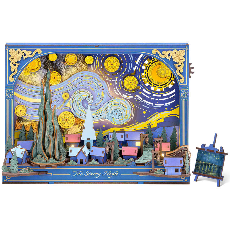 Productfoto van de Robotime The Starry Night, houten diorama bouwpakket van Van Gogh’s Sterrennacht