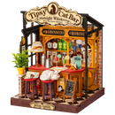 Productfoto van de Robotime Tipsy Cat Bar, miniatuurhuisje van een bar waar een kat op de barkruk slaapt