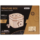 Voorkant verpakking van de Robotime Treasure Box, houten modelbouw van een opbergkistje