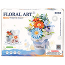 Voorkant verpakking van de Robotime Twilight Sky Bouquet, bouwpakket voor een boeket kunststof bloemen in een blauwe vaas