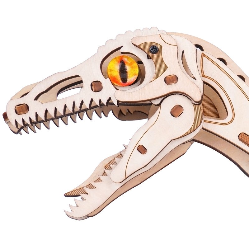 De kop van de Robotime Velociraptor