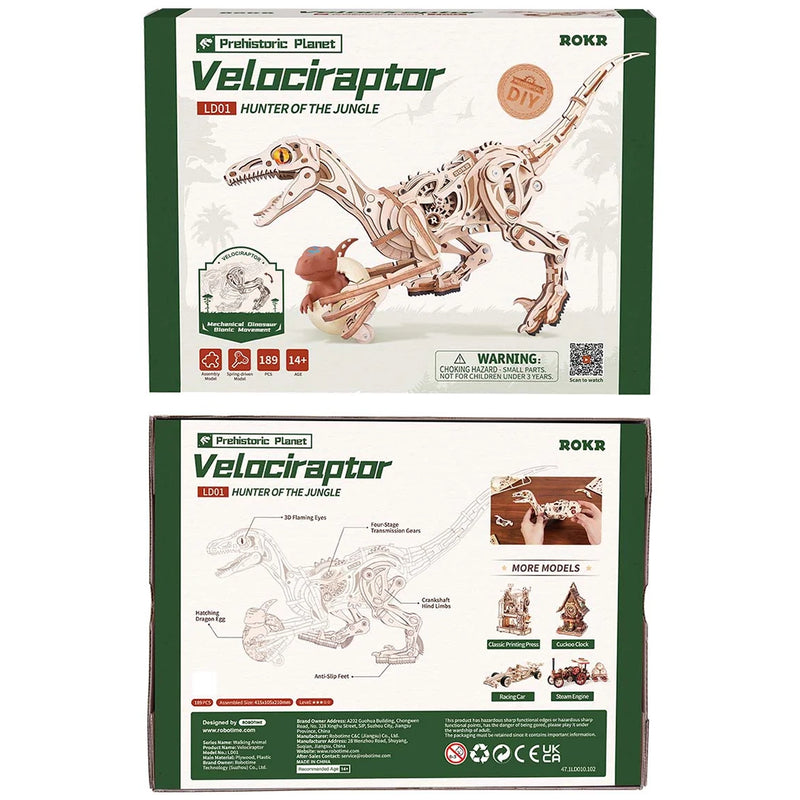 Voorkant en achterkant verpakking van de Robotime Velociraptor, houten bouwpakket van een echt lopende dinosaurus