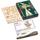 Inhoud van de verpakking van de Robotime Vitascope, houten bouwpakket van een werkende filmprojector