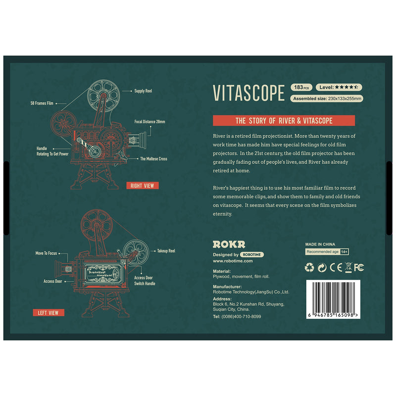 Achterkant verpakking van de Robotime Vitascope, houten bouwpakket van een werkende filmprojector
